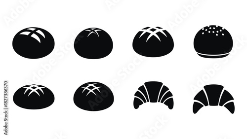 Collection of bread and croissant silhouette icons isolated on white background, Vector