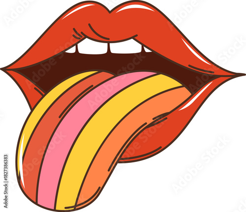 Retro groovy woman tongue decoration or symbol. Funky vintage sticker, hippie isolated vector decoration. Comic retro symbol or element with groovy striped tongue sticking from woman mouth lips