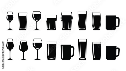 Silhouette collection of drinking glasses and mugs isolated on white background, Vector