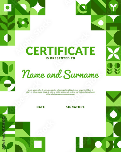 Ecology vertical diploma certificate with green geometric pattern, vector template. Diploma certificate for green energy innovation or sustainable eco technology and nature environment conservation