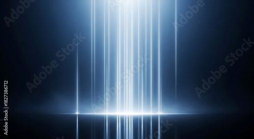 Abstract vertical streaks of bright blue light emanating from a glowing white source against a dark moody and atmospheric background creating a sense of energy and mystery