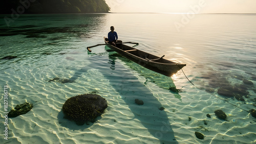 Traditional Canoe in Kepulauan Mentawai Sumatra Barat Lagoon at Sunrise