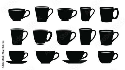Collection of mugs and cups silhouettes isolated on white background, Vector