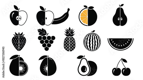 Diverse fruit silhouettes with halved details isolated on white background, Vector