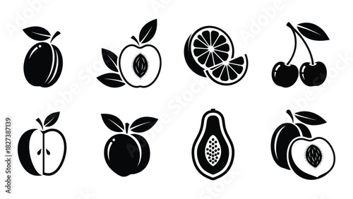 Assorted fruit silhouettes icon set isolated on white background, Vector