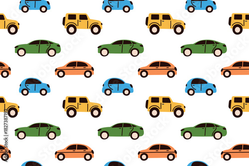 Vector illustration with flat cartoon seamless pattern of colorful cars in playful kids style, bright cheerful vehicle design for childrens textile, wrapping paper, nursery decor, fun transport