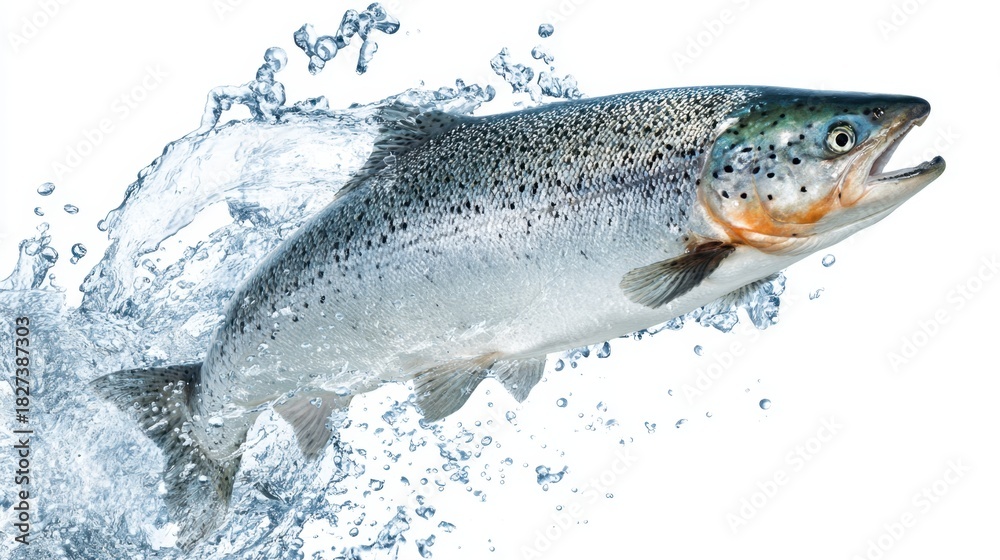 Obraz premium A salmon jumps out of clear water splashing droplets around. The fish exhibits vibrant colors capturing a moment of energy and life in its habitat.