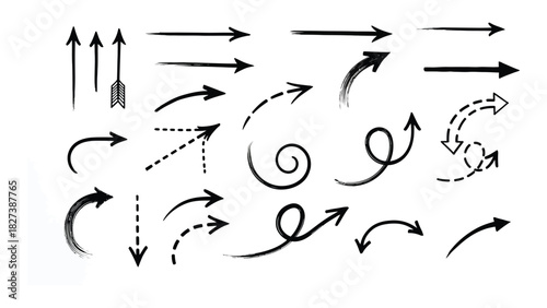 Hand-drawn arrows silhouette set isolated on white background, Vector