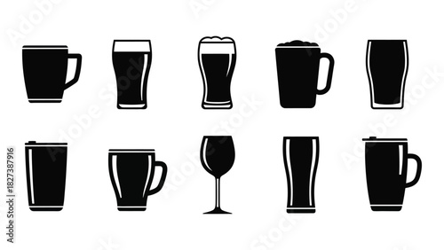 Drinkware silhouettes icon set isolated on white background, Vector