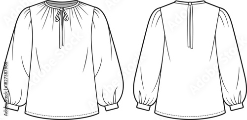 “Long sleeve gathered blouse technical flat drawing with front tie neckline, fashion sketch template, garment design outline for apparel designers”