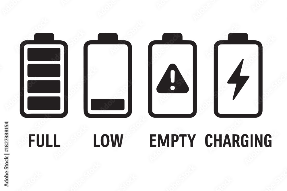 Fototapeta premium Battery Status Vector Icons with Full, Low, Empty, and Charging Levels