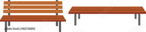 Wooden Park Bench Vector Set. Front and Side View of Public Seating for Outdoor, Garden, and Furniture Design