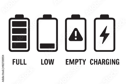 A Clear and Minimal Battery Status Icon Set Displaying Full, Low, Empty, and Charging Levels for Digital Interfaces, Devices, Applications, and User Notifications
