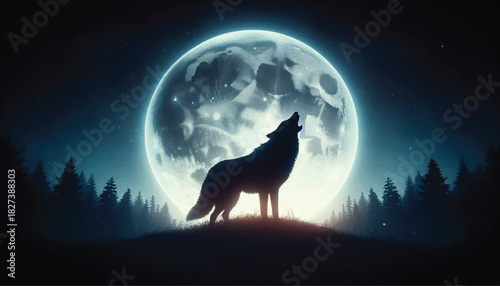 color moon night wolf vector illustration, solid white background