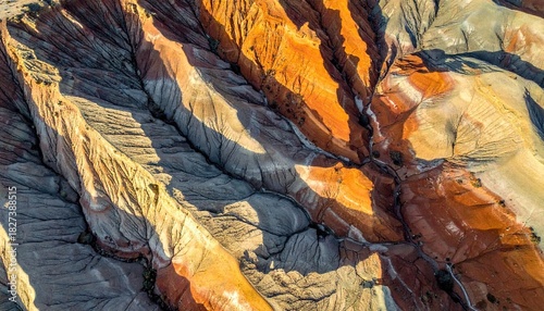 Aerial View of Eroded Clay Hills with Golden Hour Lighting Displays Unique Textures and Earth Tone Colors in Natural Light