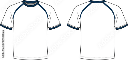 “White sports t-shirt front and back mockup with blue raglan details, clean minimal apparel template design, cad drawing flat vector illustration”
