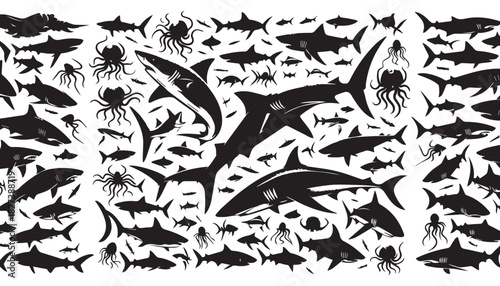 black color shark silhouette vector illustration, solid white background