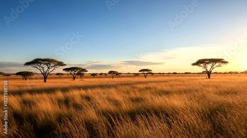 Scenic African savanna landscape at sunrise with golden grass, trees, and a clear blue sky