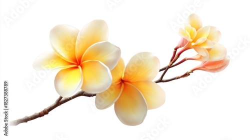 Vivid plumeria flowers show off their bright yellow and white petals gracefully arranged on a thin branch. This moment captures a cheerful and sunny atmosphere perfect for spring.