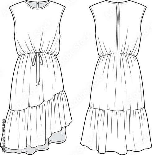 “Sleeveless tiered dress technical flat sketch with drawstring waist, asymmetrical hem, front and back views for fashion design and pattern illustration”