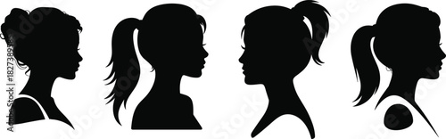 “Female portrait silhouette vector collection featuring elegant woman profiles, ponytail hairstyles, side view heads, modern minimal black design – cad drawing flat vector illustration”