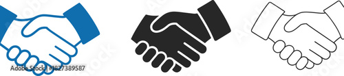 “Business handshake icon set with professional agreement symbols in blue, black and outline styles for corporate deal and partnership concepts – cad drawing flat vector illustration”