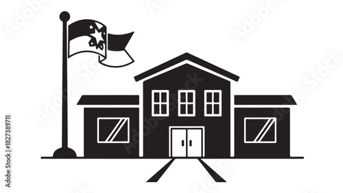 School building vector icon with flag simple flat design for education and learning concepts isolated on white background