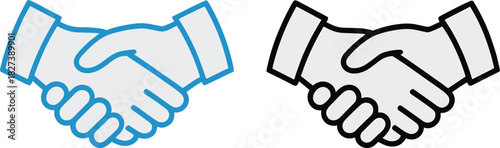 “Professional handshake vector icons in blue and black outline styles representing business agreement, partnership, cooperation, teamwork, unity concepts – cad drawing flat vector illustration
