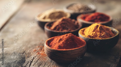 Fototapeta Naklejka Na Ścianę i Meble -   An artistic arrangement of spice cups on a wooden table from an overhead perspective.
