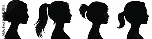 “Set of female head silhouettes in profile featuring various ponytail and bun hairstyles in elegant black vector style for beauty design”