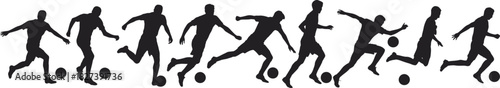 Horizontal sequence of black silhouettes showing soccer players in action