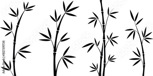 “Black bamboo plant silhouettes set featuring elegant botanical stems and leaves in minimalist vector style for nature design, decoration, and illustration”