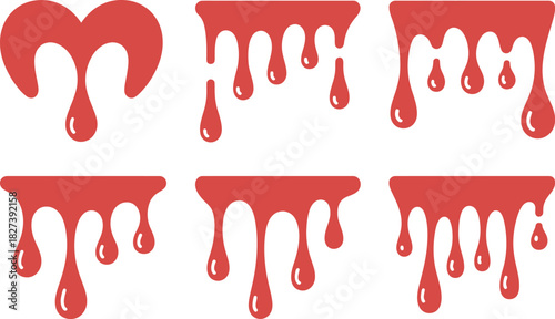 A set of six dripping blood effects and flowing red paint graphics