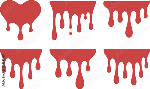 Red dripping liquid graphic elements in heart and abstract shapes