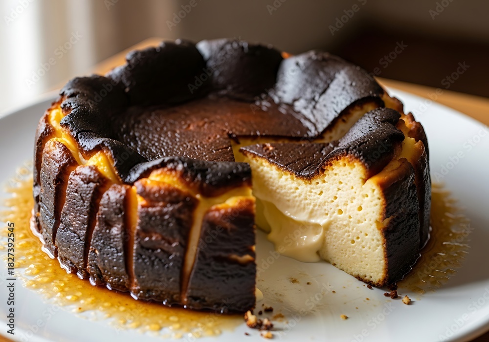 Fototapeta premium A san sebastian cheesecake with a slice cut out on a white plate with caramel around the cake base. バスクチーズケーキ