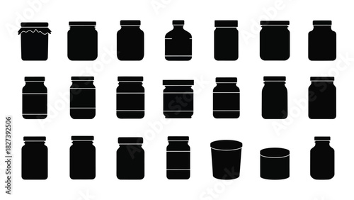 Various jars and containers silhouettes isolated on white background, Vector