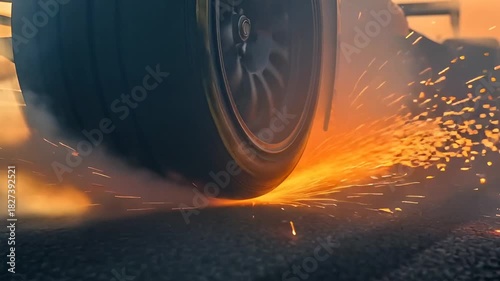 Racing tire burnout with sparks flying at golden hour for high performance visuals