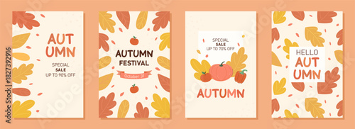 Set of 4 autumn cards and posters. Red and yellow leaves and vegetables on beige background. Simple poster, postcard, Frame, invitation, flyer in flat style. Autumn and harvest concept. Vector