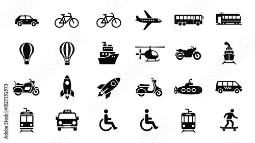 Diverse transportation and mobility silhouette icons isolated on white background, Vector