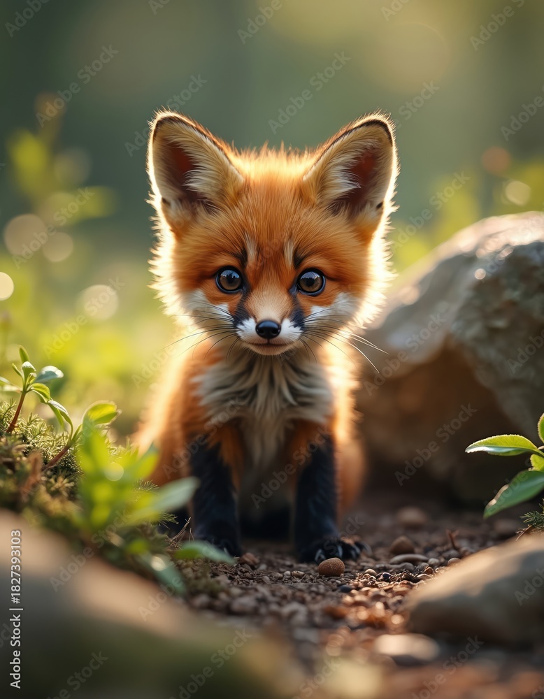 Naklejka premium Cute red fox cub sits in sunny forest. Tiny baby animal fluffy ginger fur, big curious eyes. Adorable wild young mammal looks at camera exploring woodland outdoors. Beautiful scene from wildlife in
