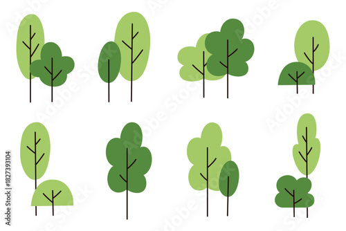 Vector illustration set with flat cartoon minimal doodle trees and bushes, simple hand drawn greenery collection, modern botanical elements for eco projects, branding, patterns, calm nature visuals