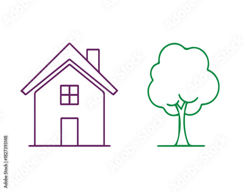 Simple line drawing of a house and a tree, representing home and nature.