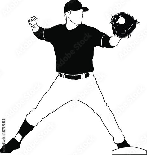 Baseball pitcher throwing ball monochrome vector illustration