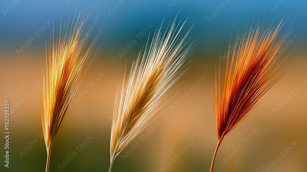 Fototapeta premium Close-up of three wheat stalks in various colors against a blurred background. The image has a natural, soft feel.