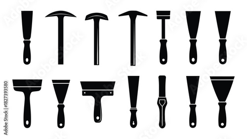 Construction and painting hand tools silhouette set isolated on white background, Vector