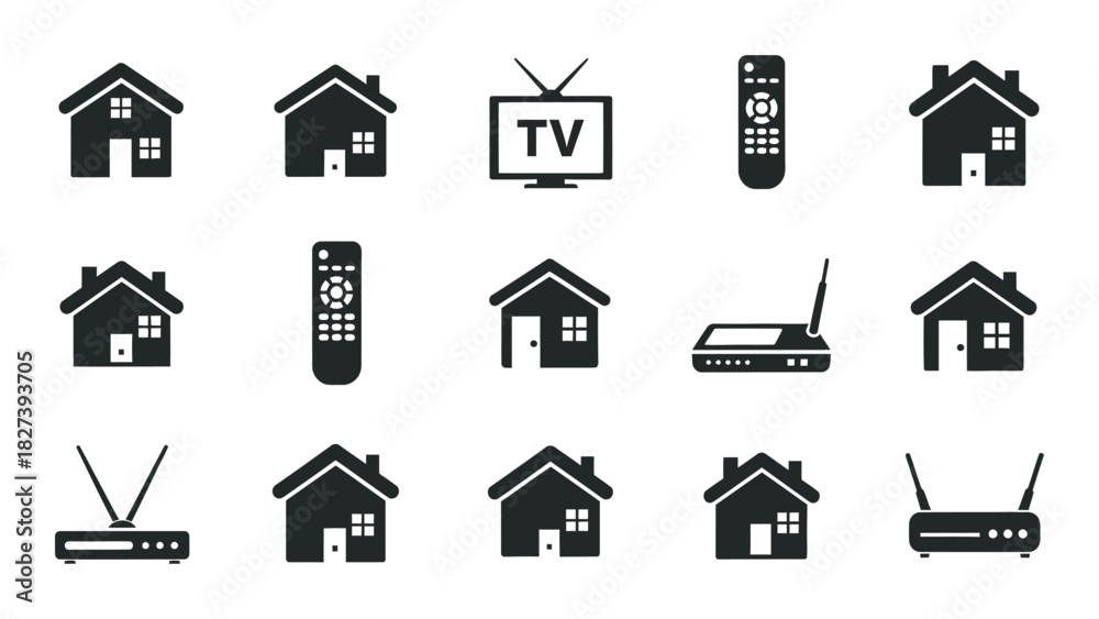 Fototapeta premium Home and technology silhouettes icon set isolated on white background, Vector