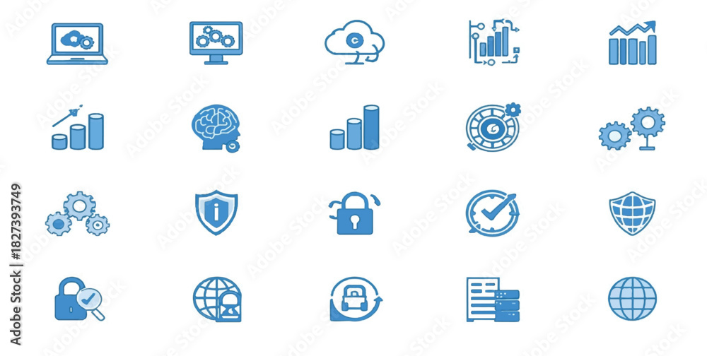 Obraz premium cloud computing, data security, network, technology icons, server, database, analytics, finance, global network, web development, digital marketing, security shield, padlock, data transfer, hosting, s