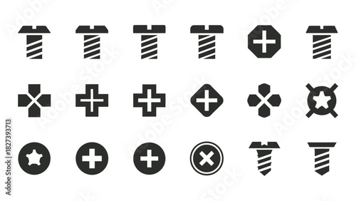 Collection of screw head and bolt silhouettes isolated on white background, Vector