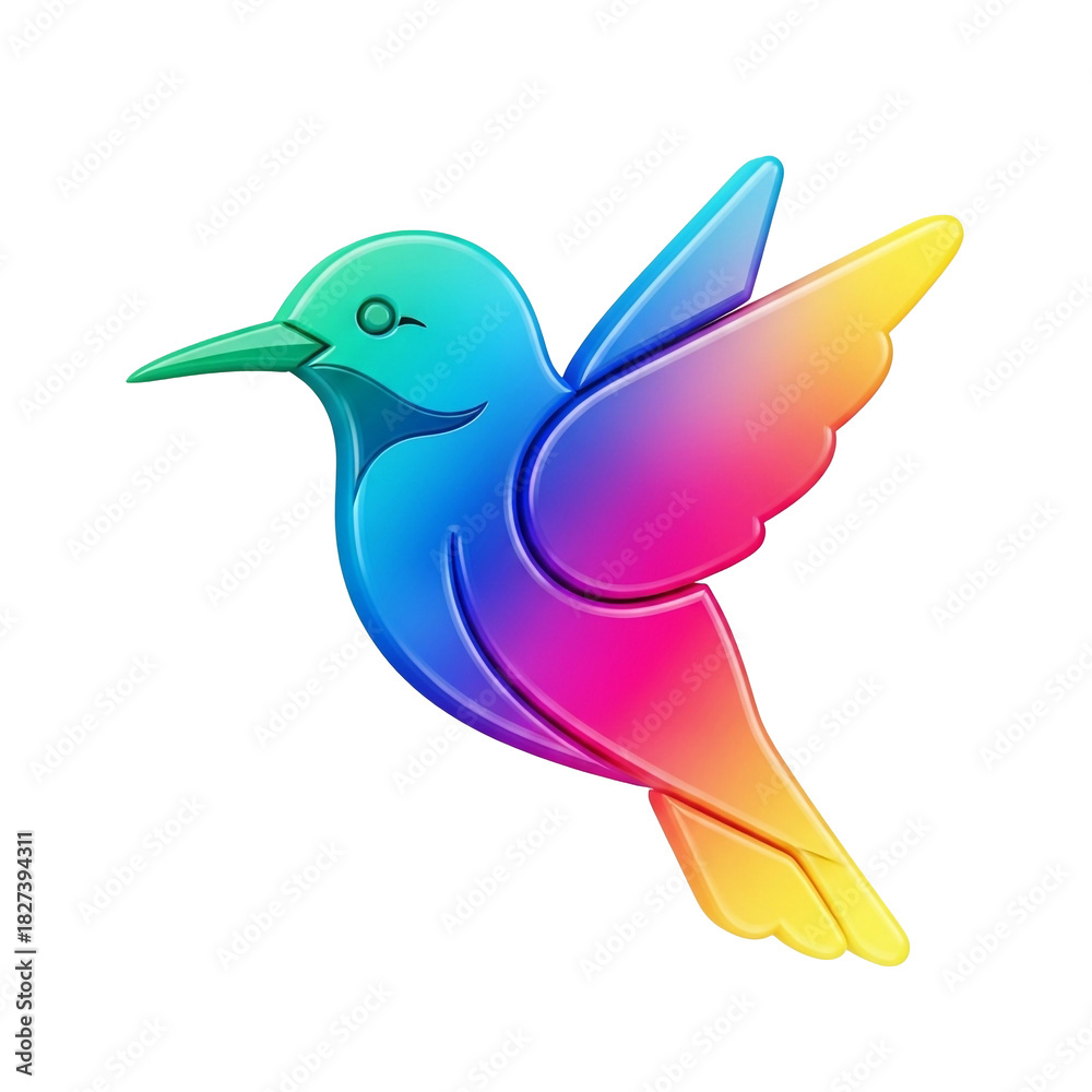 Fototapeta premium A vibrant, stylized hummingbird in flight, rendered with a glossy, rainbow gradient of colors.
