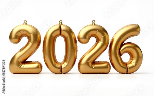 Happy New Year 2026 text design. 3d gold font. Inflatable letters with metal effect. Golden bubble typeface. Volumetric inscription 2026 isolated on transparent background. High quality